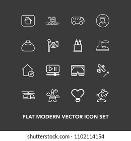 Modern, simple vector icon set on dark background with highway, house, airplane, home, player, male, pool, flight, table, eiffel, train, shorts, swimming, paris, template, sky, bus, fashion icons