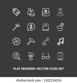 Modern, simple vector icon set on dark background with list, online, construction, internet, eye, web, leaf, laboratory, discount, business, musical, nature, sale, medicine, summer, real, cancel icons