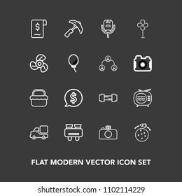 Modern, simple vector icon set on dark background with grass, business, planet, vehicle, tv, lorry, exercise, sale, watch, television, vision, circle, picnic, voice, truck, fitness, search, sign icons
