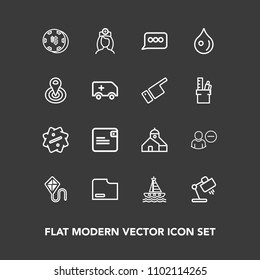 Modern, simple vector icon set on dark background with money, sign, game, discount, casino, doctor, care, construction, kite, account, liquid, sky, speech, rain, building, purse, joy, ocean, fun icons
