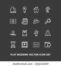 Modern, simple vector icon set on dark background with building, day, internet, forest, timetable, direction, house, communication, arrow, time, location, sun, schedule, morning, map, tripod icons