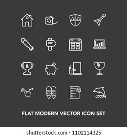 Modern, simple vector icon set on dark background with shattered, bugle, house, money, checklist, friction, finance, insulating, winner, package, electrical, protect, tape, place, crash, fuel,  icons