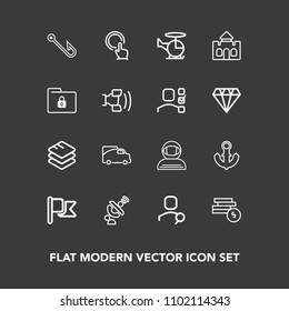 Modern, simple vector icon set on dark background with fishing, castle, cash, astronaut, cosmonaut, sea, search, touch, traffic, hand, finger, america, internet, rod, money, hook, technology icons