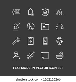Modern, simple vector icon set on dark background with man, global, bathroom, business, technology, boy, sound, online, note, meeting, businessman, tool, globe, white, spanner, web, map, wrench icons