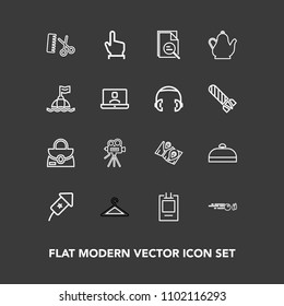 Modern, simple vector icon set on dark background with suitcase, sport, trip, finger, leather, button, hit, pin, hair, bag, strike, event, clothes, salon, luggage, hanger, camera, click, fashion icons