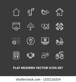 Modern, Simple Vector Icon Set On Dark Background With Online, Location, Open, Tune, Page, Sign, Web, Marine, Glass, Jazz, Speaker, Estate, Loudspeaker, Bugle, Button, Melody, Computer, War, Sea Icons