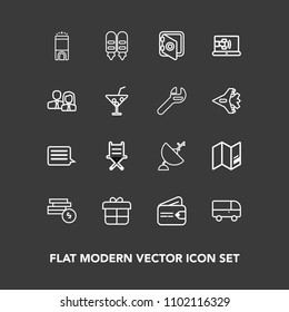 Modern, simple vector icon set on dark background with antenna, satellite, safe, chair, security, seat, road, technology, travel, people, map, internet, holiday, speed, present, purse, armchair icons