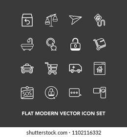 Modern, simple vector icon set on dark background with sos, shop, send, medical, sky, weight, tripod, estate, camera, trolley, delivery, balance, transportation, unlock, return, property, scale icons