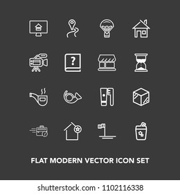 Modern, simple vector icon set on dark background with box, map, blue, baja, jazz, tobacco, brush, computer, route, trumpet, house, care, package, vintage, online, clean, real, apartment, glass icons