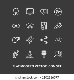 Modern, simple vector icon set on dark background with lighthouse, personal, space, shuttle, sport, object, screen, office, whistle, launch, equipment, element, task, social, glass, sea, message icons