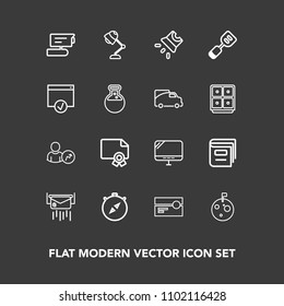 Modern, simple vector icon set on dark background with audio, education, screen, space, lamp, south, achievement, north, interior, direction, camera, flag, planet, east, compass, tv, stereo, pc icons
