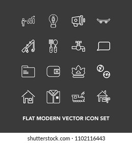 Modern, simple vector icon set on dark background with train, loud, office, progress, property, shirt, fashion, creative, personal, crown, cash, loudspeaker, growth, blank, currency, file, king icons