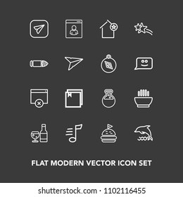 Modern, simple vector icon set on dark background with bread, profile, sign, apartment, sandwich, message, ocean, favorite, lunch, red, dish, dolphin, medicine, dinner, nature, music, web, glass icons