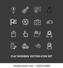 Modern, simple vector icon set on dark background with pin, car, kettle, business, finger, medical, lady, sitting, hand, center, diploma, musical, late, map, pear, girl, hot, travel, bag, health icons