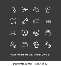 Modern, simple vector icon set on dark background with bubble, cash, property, dinner, computer, media, dish, winner, real, doorknob, account, interior, double, room, message, video, soup, home icons