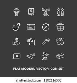 Modern, simple vector icon set on dark background with repair, cooking, destination, sky, tree, book, contact, map, downstairs, grill, growth, brick, travel, down, wing, insect, station, jump icons