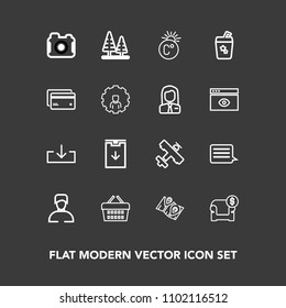 Modern, simple vector icon set on dark background with message, camera, cocktail, road, map, travel, man, modern, download, boy, interior, photographer, store, sofa, photo, forest, juice, market icons