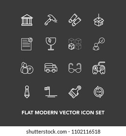 Modern, simple vector icon set on dark background with shovel, mexico, arrow, tourism, ocean, spy, support, operator, bus, move, glasses, sun, ball, tie, upload, , suit, greek, help, watch, left icons