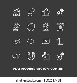 Modern, simple vector icon set on dark background with home, ocean, increase, construction, concept, beach, time, up, find, folk, field, web, equipment, real, blue, work, baja, coin, science icons