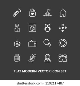 Modern, simple vector icon set on dark background with safety, object, bugle, tv, find, white, musical, airport, water, fashion, magnifying, upload, web, people, life, technology, luggage, sea icons