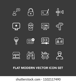 Modern, simple vector icon set on dark background with male, shop, plane, woman, man, curtain, finance, person, internet, pen, sky, communication, food, currency, video, cash, wheel, dirt, pay icons
