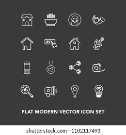 Modern, simple vector icon set on dark background with fashion, travel, electrical, food, trumpet, insulating, pin, loudspeaker, bugle, megaphone, luxury, speaker, loud, tape, electricity, sign icons