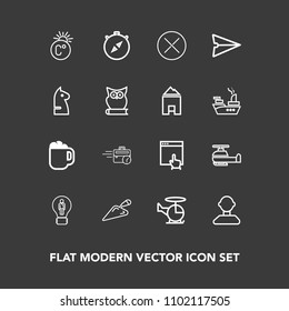 Modern, simple vector icon set on dark background with scale, chess, male, east, game, north, mouse, internet, email, cafe, south, message, transport, construction, thermometer, close, horse icons