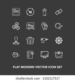 Modern, simple vector icon set on dark background with box, decoration, shipment, europe, butterfly, drill, monitor, machine, landmark, screen, package, wheel, cargo, hand, trolley, cart, rudder icons