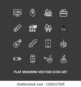 Modern, simple vector icon set on dark background with medieval, package, public, sword, military, cord, weapon, minute, coaxial, idea, web, hand, blade, guitar, musical, ship, bullet, retro,  icons
