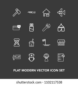 Modern, simple vector icon set on dark background with strike, hospital, presentation, baja, balloon, building, shop, sand, home, clock, blue, construction, ocean, architecture, business, air icons