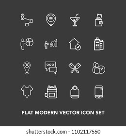 Modern, simple vector icon set on dark background with business, location, map, game, phone, glass, ball, leather, paddle, bodysuit, chat, object, bowling, fashion, modern, water, rucksack, pin icons