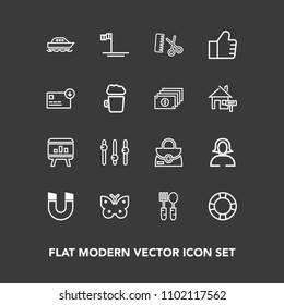 Modern, simple vector icon set on dark background with blue, fashion, fly, bag, style, restaurant, lady, nature, leather, summer, template, ocean, equality, face, girl, kitchen, woman, sea, pool icons