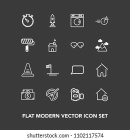 Modern, simple vector icon set on dark background with space, watch, concept, instrument, architecture, house, string, step, real, mexico, spaceship, rocket, finance, baja, clock, speech, money icons