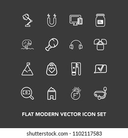 Modern, simple vector icon set on dark background with sea, find, magnetic, shopping, concept, mask, bag, water, interior, blue, credit, landscape, chat, web, field, brush, thermometer, mountain icons