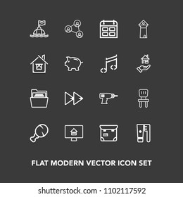 Modern, simple vector icon set on dark background with communication, music, audio, person, life, hand, room, work, chair, pretty, estate, house, technology, home, fast, brush, meal, file, blank icons