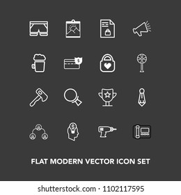 Modern, simple vector icon set on dark background with list, company, business, magnifying, reward, structure, tool, find, market, work, template, hammer, idea, technology, screwdriver, suit icons