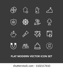 Modern, simple vector icon set on dark background with website, night, property, window, sky, head, internet, graph, apartment, bank, horse, travel, house, airplane, mouse, home, hat, astronomy icons
