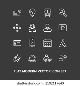 Modern, simple vector icon set on dark background with profile, field, bulb, time, yacht, electricity, currency, connection, outdoor, day, light, document, pole, science, calendar, online, ocean icons