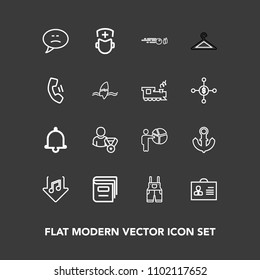 Modern, simple vector icon set on dark background with library, medical, surgeon, download, woman, hospital, strike, business, hit, bell, notification, nautical, ball, internet, sport, sound icons