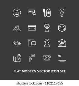 Modern, simple vector icon set on dark background with fire, envelope, beach, mail, button, mexico, profile, person, website, mobile, unlock, map, phone, communication, car, equipment, buy, blue icons