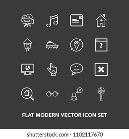 Modern, simple vector icon set on dark background with music, closed, home, internet, online, cooler, chat, sound, message, eyesight, sign, video, note, speech, chart, electric, purse, movie icons