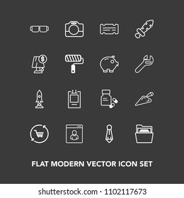 Modern, simple vector icon set on dark background with camera, sword, label, construction, craft, internet, file, vitamin, retail, shop, sunglasses, cart, spaceship, male, rocket, handle, paper icons
