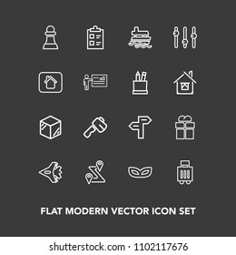 Modern, simple vector icon set on dark background with screwdriver, direction, chess, airport, baggage, product, box, axe, horse, celebration, party, airplane, route, checklist, mark, ship, way icons