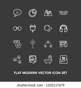 Modern, simple vector icon set on dark background with tipper, speech, communication, dumper, technology, banking, dump, vehicle, truck, display, cooler, screen, company, business, interior, pin icons