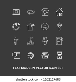 Modern, simple vector icon set on dark background with profile, help, hand, bulb, human, home, concept, estate, time, switch, construction, showing, bubble, internet, replacement, lamp, people icons