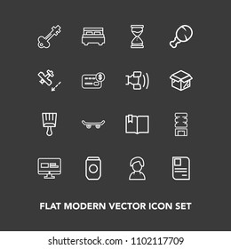 Modern, simple vector icon set on dark background with web, paint, metal, book, skate, bed, person, time, female, hour, card, identity, human, bedroom, personal, vintage, lock, door, clock, sand icons
