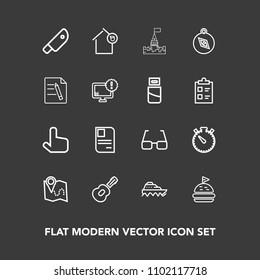 Modern, simple vector icon set on dark background with bread, pin, medieval, timer, travel, location, tower, pointer, meat, castle, time, music, landlord, clock, ship, business, eye, kitchen, id icons