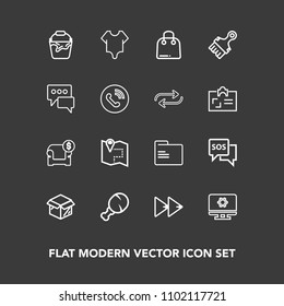 Modern, simple vector icon set on dark background with handle, road, safety, girl, fashion, bodysuit, package, sofa, bucket, unpacking, office, setting, file, danger, map, player, audio, pin icons