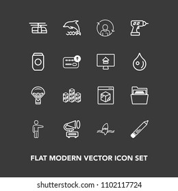 Modern, simple vector icon set on dark background with wildlife, surfing, parachuting, refresh, jump, online, industrial, tropical, profile, file, sky, paper, pencil, blue, ocean, surfer, nature icons