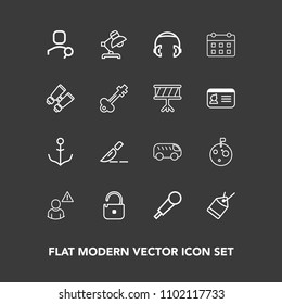 Modern, simple vector icon set on dark background with sound, equipment, online, moon, medical, ship, protection, lamp, planet, doctor, wheel, profile, paper, astronaut, network, alarm, space icons